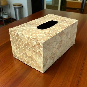 Tissue Box Cover with Mother of Pearl Inlay with Yellow Quatrefoil Pattern, Rectangular Tissue Holder, Nacre Finish for Elegant Home Decor