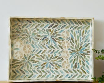 Mother of Pearl Inlay Breakfast Tray, Lacquer Wooden Decorative coffee Tray Inlay Nacre Ottoman Tray with Handle Floral Mosaic Pattern