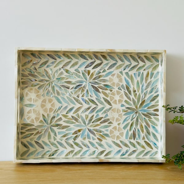 Mother of Pearl Inlay Breakfast Tray, Lacquer Wooden Decorative coffee Tray Inlay Nacre Ottoman Tray with Handle Floral Mosaic Pattern