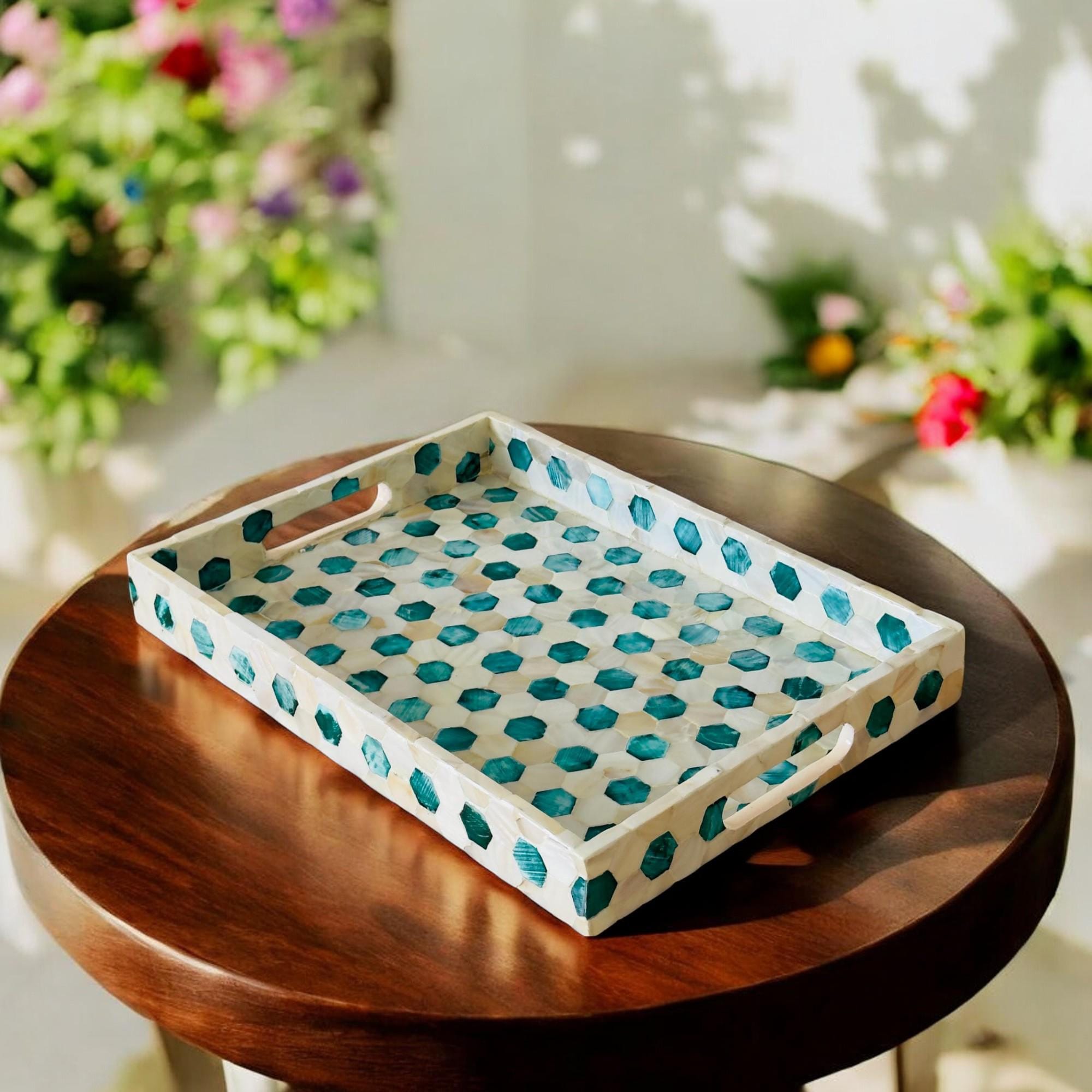 Mosaic Wooden Serving Tray Lacquer Wooden Breakfast Tray Inlay Nacre Ottoman Tray with Handle Coffee tray, Rectangle Honeycomb Tray