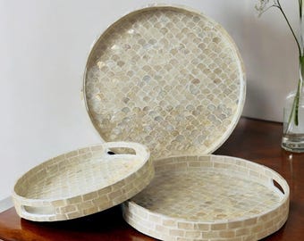 Mosaic Wooden Breakfast decorative Round Tray Lacquer wooden inlay tray with White Capiz shell mother of Pearl Ottoman tray