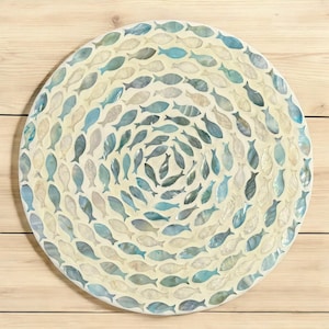 16" Handmade Mother of Pearl Inlay Lazy Susan Turntable Organizer Round Spinning Tray For  Kitchen with Blue & Gray Fish Pattern