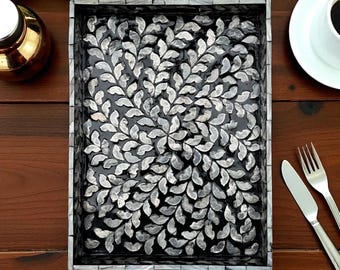 Handmade Rectangle Black Mother of Pearl Inlay Serving Tray - Leaf Pattern Server - Decorative Centerpiece for Coffee Table or Bar