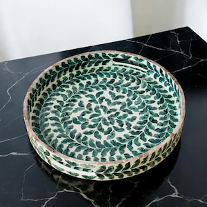 Coffee Serving Tray, Round Mother of Pearl Inlay Serving Tray, Lacquer Wooden Decorative Tray, Handmade Serving Tray With Green Leaf Pattern