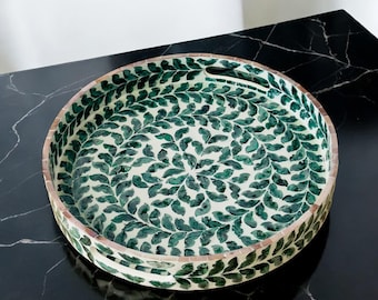 Koffiedienblad, rond dienblad met parelmoer inlegwerk, gelakt houten decoratief dienblad, handgemaakt dienblad met groen bladpatroon