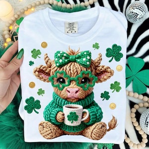 Puede incluir: Camiseta blanca con una vaca de dibujos animados con un lazo verde, gafas y suéter, sosteniendo una taza con un trébol. El diseño incluye tréboles verdes y monedas de oro, ideal para el Día de San Patricio.