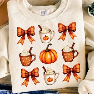 Pumpkin Spice Coquette Png, Orange Pumpkin Spice Latte Png, Trendy Pumpkin Spice Tshirt Design, Orange Bow Png, Fall Season Cozy Autumn Png.