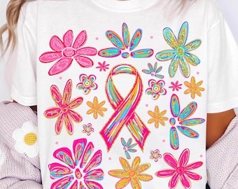 Boho bloemenprint voor borstkanker (PNG), borstkankerlint (PNG), in oktober dragen we roze (PNG), roze lint voor kanker (PNG), bewustwording van borstkanker (PNG)