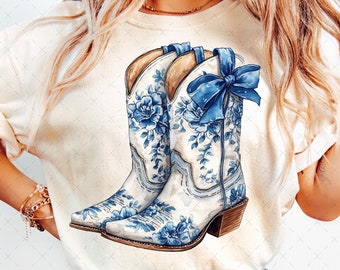 Coastal Cowgirl Png, Blue Flowers Boots Bow Png, Girly Coquette Blue Chinoiserie Floral Grandmillennial Design Png, Preppy Png Sublimation