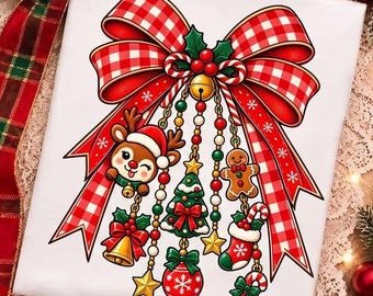 Christmas Bow Png, Cute Christmas Png, Holiday Charm Dangle Sublimation, Gingerbread Reindeer Stocking Candy Cane, Digital Download