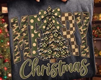 Merry Christmas Png, Camo Christmas Tree Sublimation, Leopard Polka Dot Checkered Holiday Design, Digital Download