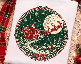 Vintage Santa Sleigh Png, Retro Christmas Sublimation, Santa Reindeer Moon, Holiday Round Design, Festive Christmas Png, Digital Download