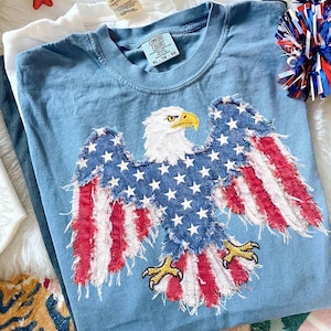 Puede incluir: Camiseta Comfort Colors azul claro con un diseño de águila de la bandera estadounidense. El águila tiene plumas blancas, pico amarillo y alas rojas, blancas y azules. Talla XL 16-66.