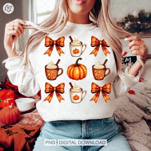 Pumpkin Spice Coquette Png, Orange Pumpkin Spice Latte Png, Trendy Pumpkin Spice Tshirt Design, Orange Bow Png, Fall Season Cozy Autumn Png.