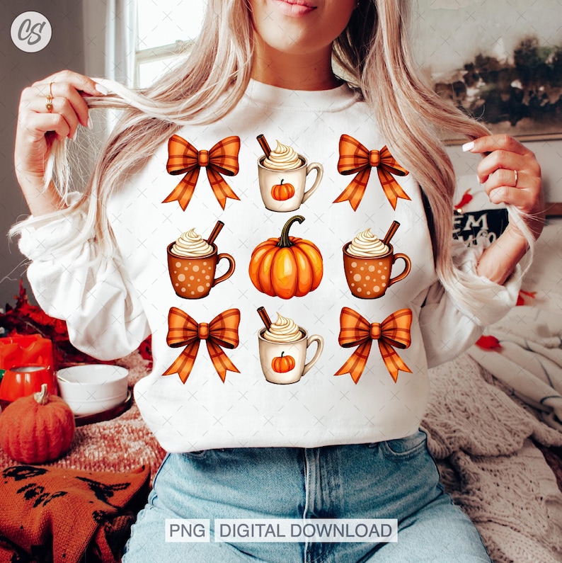 Pumpkin Spice Coquette Png, Orange Pumpkin Spice Latte Png, Trendy Pumpkin Spice Tshirt Design, Orange Bow Png, Fall Season Cozy Autumn Png.