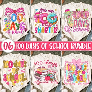 Puede incluir: Un conjunto de seis camisetas blancas con gráficos coloridos que celebran los "100 días de escuela". Los diseños incluyen rosquillas, manzanas, lazos y los textos "Little Miss Smarter" y "Coffee and Chaos".