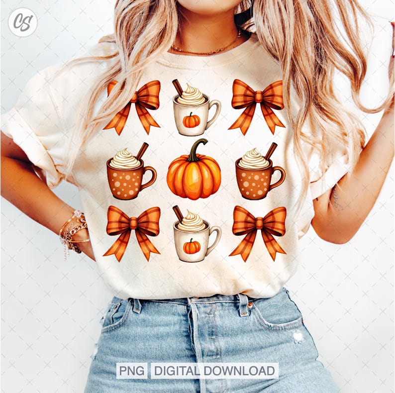 Pumpkin Spice Coquette Png, Orange Pumpkin Spice Latte Png, Trendy Pumpkin Spice Tshirt Design, Orange Bow Png, Fall Season Cozy Autumn Png.