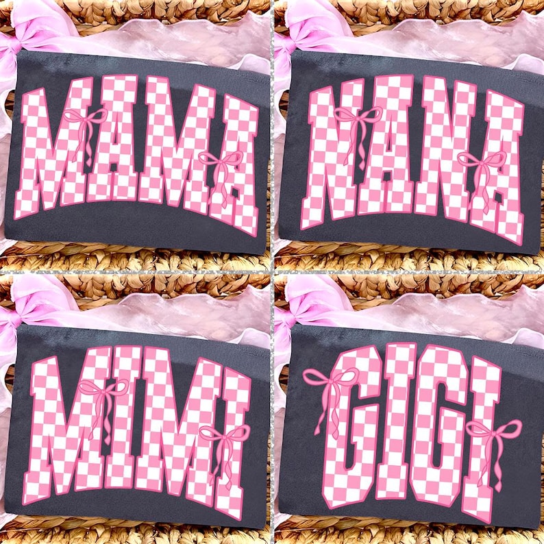 May include: Four dark gray pouches with pink and white checkered text that reads "MAMA", "NANA", "MIMI", and "GIGI". Each word has a pink bow. The pouches are in a woven basket with pink ribbons.