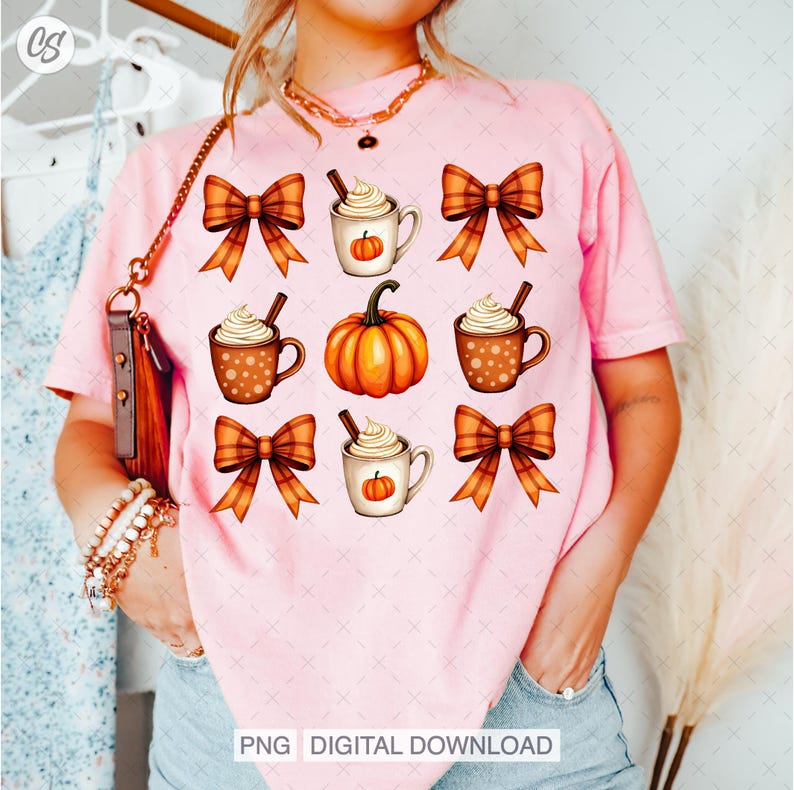 Pumpkin Spice Coquette Png, Orange Pumpkin Spice Latte Png, Trendy Pumpkin Spice Tshirt Design, Orange Bow Png, Fall Season Cozy Autumn Png.