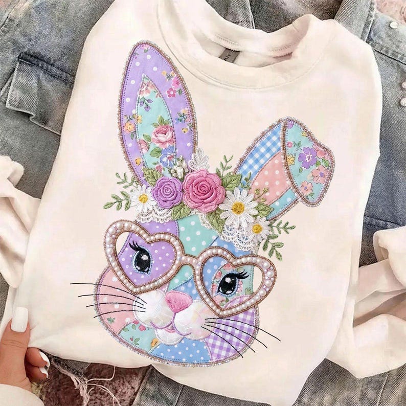 Puede incluir: Sudadera de color crema con un dise&ntilde;o de conejo de retazos. El conejo tiene gafas en forma de coraz&oacute;n, detalles florales y patrones pastel. El dise&ntilde;o incluye colores rosa, morado, azul y verde, con un estilo caprichoso y decorativo.