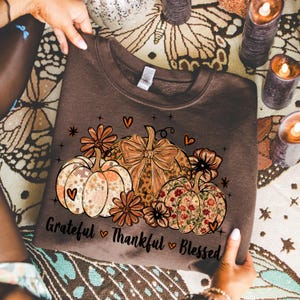 May include: A brown sweatshirt featuring a fall-themed design. The graphic includes pumpkins with floral and leopard print patterns, flowers, hearts, and the text "Grateful Thankful Blessed".