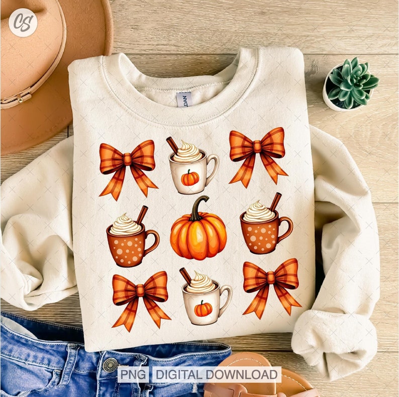 Pumpkin Spice Coquette Png, Orange Pumpkin Spice Latte Png, Trendy Pumpkin Spice Tshirt Design, Orange Bow Png, Fall Season Cozy Autumn Png.