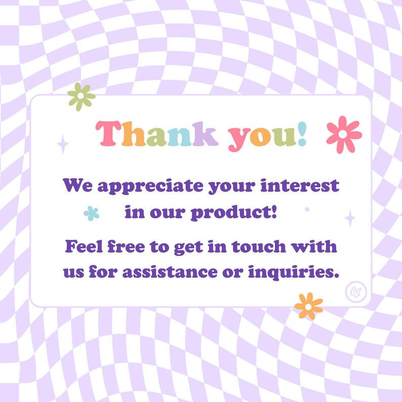 Puede incluir: Un mensaje de agradecimiento con un fondo a cuadros morado, blanco y verde. El texto dice "&iexcl;Gracias! Apreciamos tu inter&eacute;s en nuestro producto. No dudes en ponerte en contacto con nosotros para cualquier asistencia o consulta."