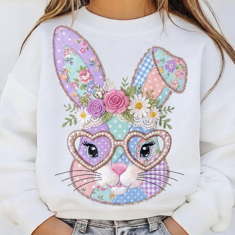 Puede incluir: Sudadera blanca con un dise&ntilde;o de cara de conejo de retazos. El conejo tiene gafas en forma de coraz&oacute;n y detalles florales en las orejas y una corona de flores. El dise&ntilde;o utiliza colores pastel y detalles intrincados, perfecto para Pascua o primavera.