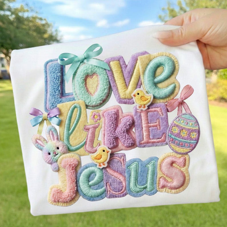 Pu&ograve; includere: T-shirt bianca con la scritta ricamata "Love Like Jesus" in colori pastello. Il design include un cuore, un coniglietto, pulcini e un uovo di Pasqua. Le lettere hanno un aspetto strutturato, con fiocchi ed elementi decorativi.