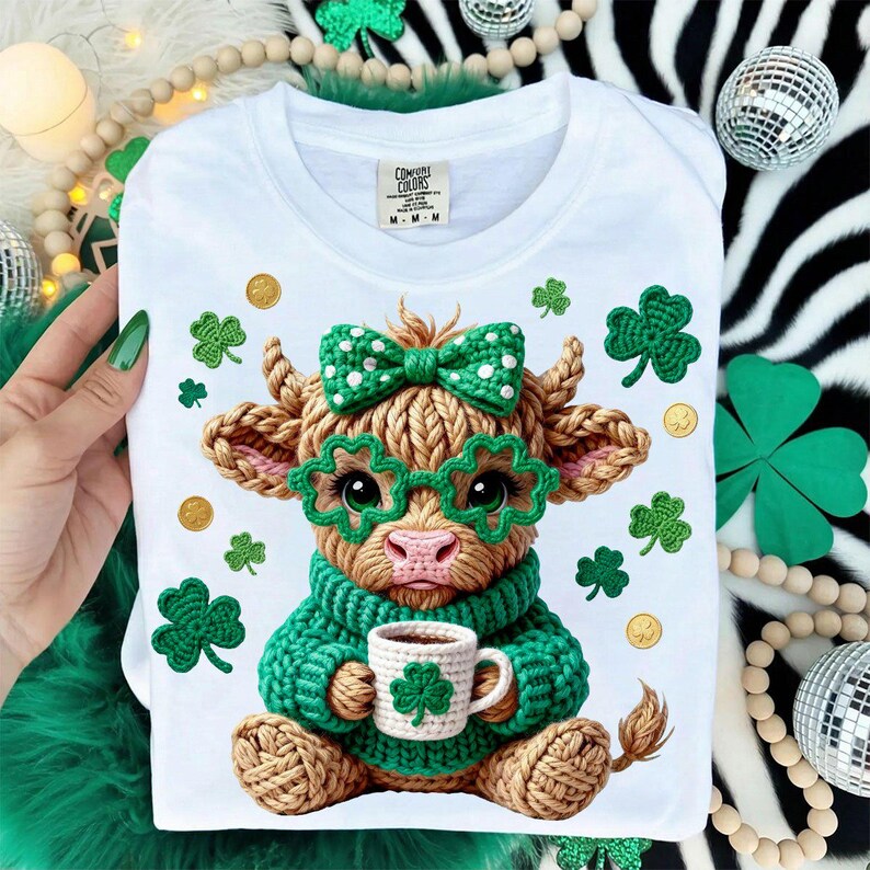 May include: White t-shirt featuring a cartoon cow with a green bow, glasses, and sweater, holding a coffee mug with a shamrock. The design includes shamrocks and gold coins. The shirt is a Comfort Colors M-M-M.