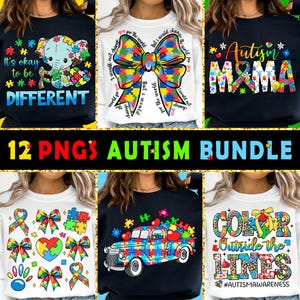 May include: A set of 12 digital designs featuring various autism awareness themes. The designs include a puzzle piece elephant, a bow with puzzle pieces, the text "Autism Mama", a puzzle piece heart, a truck with puzzle pieces, and a puzzle piece bow with the text "Color Outside the Lines".