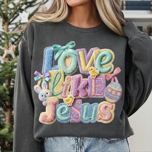 Pu&ograve; includere: Felpa grigio scuro con la scritta "Love Like Jesus" in lettere colorate e strutturate. Il design include un coniglietto, pulcini, un uovo di Pasqua e fiocchi, il tutto in colori pastello.