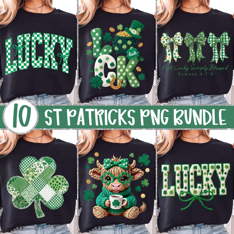 May include: A collection of black sweatshirts with St. Patrick's Day designs. The designs include the word "LUCKY" in green, shamrocks, bows, and a cow wearing glasses and holding a mug. The text "Not Lucky Simply Blessed" is also featured.