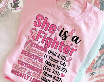 She is a Fighter Bible Verse PNG, Breast Cancer Awareness Png, Fight Breast Cancer Png, Christian Design
