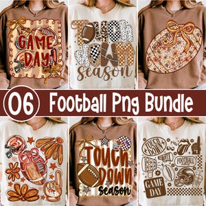 Puede incluir: Una colección de seis diseños con temática de fútbol en camisetas. Los diseños incluyen balones de fútbol, cascos y las frases "Game Day" y "Touchdown Season". La paleta de colores incluye marrón, beige y blanco. También está presente el texto "06 Football Png Bundle".