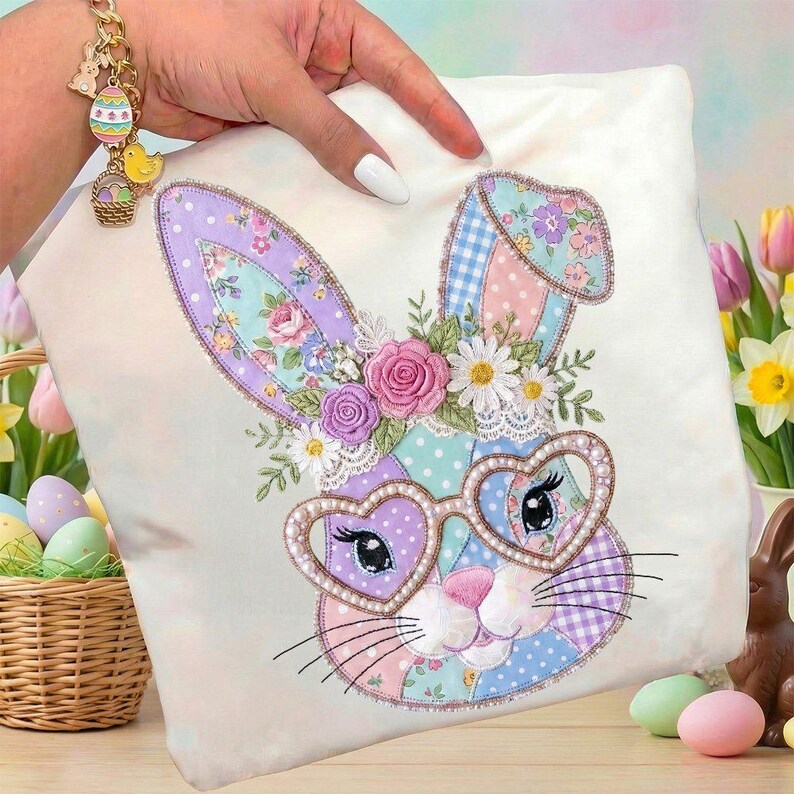 Puede incluir: Un coj&iacute;n decorativo de Pascua con un dise&ntilde;o de conejo de patchwork. El conejo tiene gafas en forma de coraz&oacute;n y detalles florales, en tonos pastel de rosa, morado y azul. El coj&iacute;n est&aacute; sostenido por una mano con una pulsera dorada.