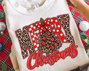 Merry Christmas Png, Leopard Print Christmas Tree, Retro Plaid Polka Dot, Sublimation Design, Digital Download