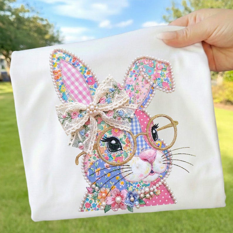 May include: White fabric featuring an embroidered bunny design. The bunny has floral patterned ears, a pink nose, and wears round glasses. A lace bow with pearls adorns the bunny's head, and a pearl border outlines the design. The bunny is surrounded by colorful flowers.