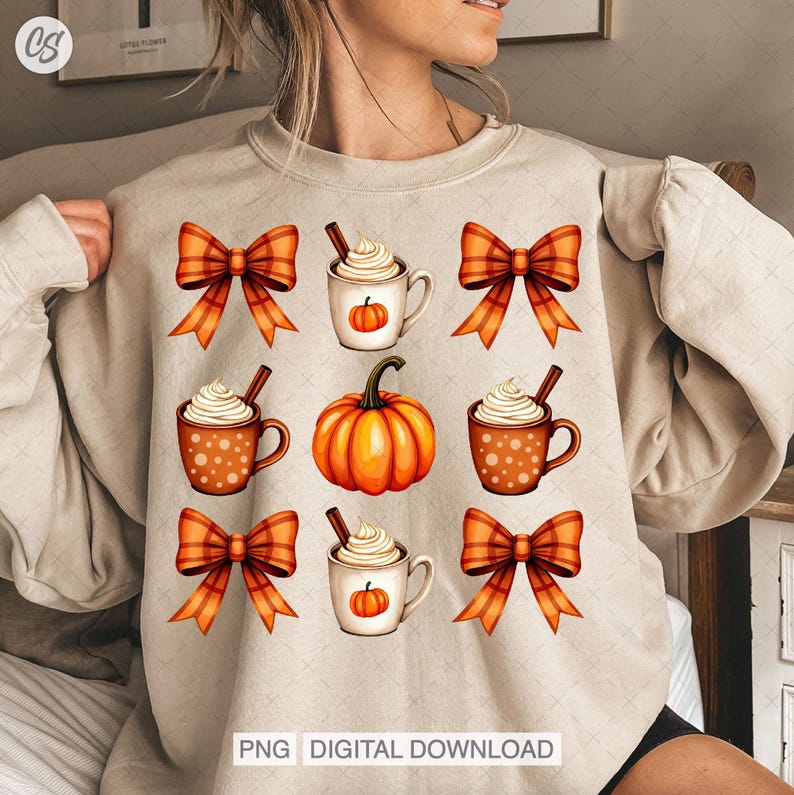 Pumpkin Spice Coquette Png, Orange Pumpkin Spice Latte Png, Trendy Pumpkin Spice Tshirt Design, Orange Bow Png, Fall Season Cozy Autumn Png.