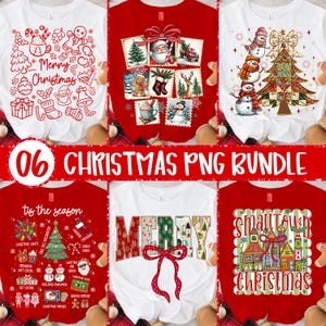 Puede incluir: Una colección de seis camisetas con temática navideña. Los diseños incluyen gráficos festivos como muñecos de nieve, Papá Noel, árboles de Navidad y los textos "Merry Christmas" y "Smalltown Christmas". Las camisetas son rojas y blancas.