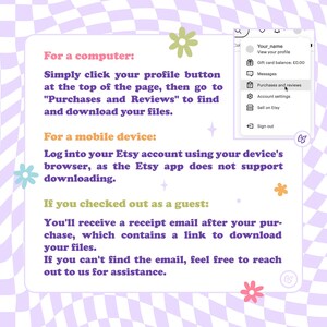 Puede incluir: Un fondo a cuadros morado y blanco con un cuadro de texto que contiene instrucciones sobre c&oacute;mo descargar archivos digitales de Etsy. El cuadro de texto incluye instrucciones para computadoras y dispositivos m&oacute;viles. El cuadro de texto tambi&eacute;n incluye instrucciones para descargar archivos si compraste como invitado.