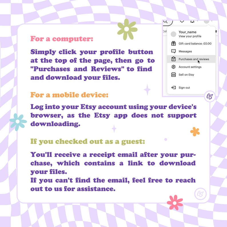 Puede incluir: Un fondo a cuadros morado y blanco con un cuadro de texto que contiene instrucciones sobre c&oacute;mo descargar archivos digitales de Etsy. El cuadro de texto incluye instrucciones para computadoras y dispositivos m&oacute;viles. El cuadro de texto tambi&eacute;n incluye instrucciones para descargar archivos si compraste como invitado.