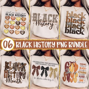 May include: Six cream-coloured sweatshirts featuring Black History designs. The designs include text and graphics such as "Black History," hearts, and quotes. The phrase "06 BLACK HISTORY PNG BUNDLE" is also visible.