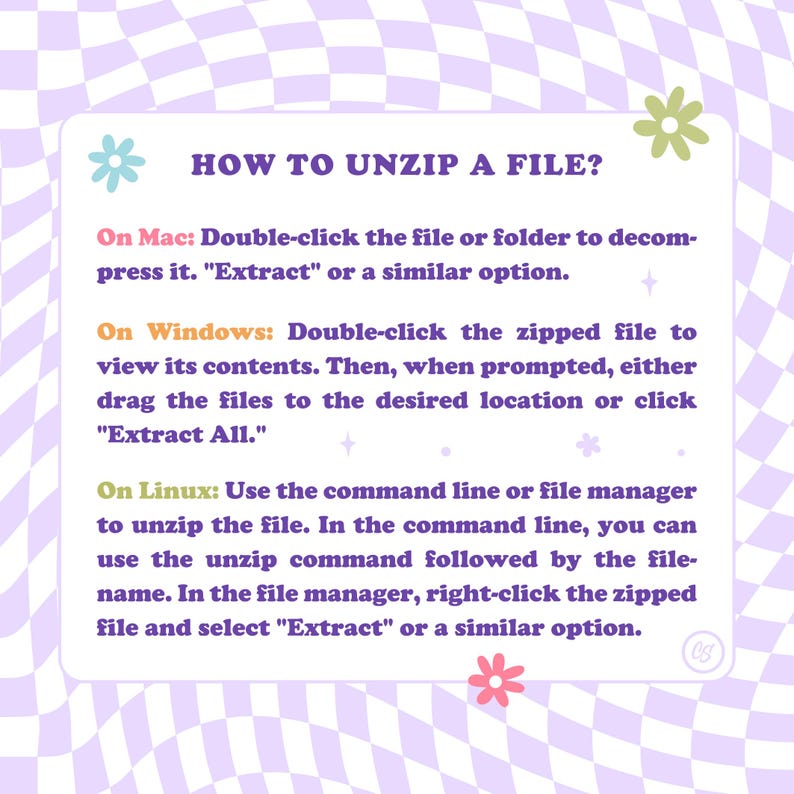 Pu&ograve; includere: Uno sfondo a scacchi viola e bianco con una casella di testo rosa e bianca. La casella di testo contiene istruzioni su come decomprimere un file sui sistemi operativi Mac, Windows e Linux. La casella di testo &egrave; decorata con fiori rosa e verdi.