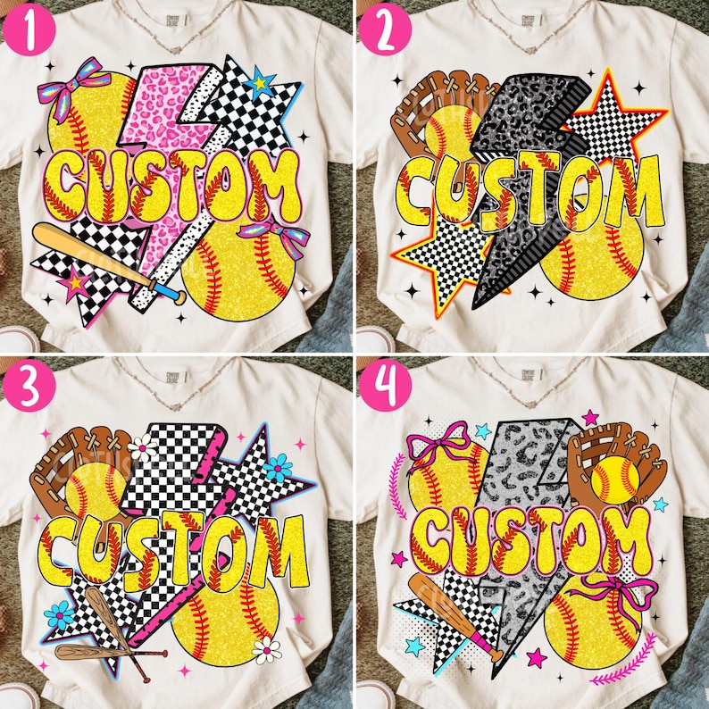 May include: Cream-colored t-shirts with softball-themed designs. Each shirt features the word "CUSTOM" in yellow, along with softballs, bats, gloves, and star accents. Designs include checkered, leopard, and floral patterns.