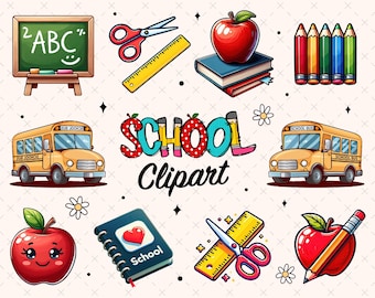 School Clipart Set Png, Back to School Png Supplies, Teacher Png, School Set Png, Classroom Png, Apple Png, Pencil Png, School Bus Png
