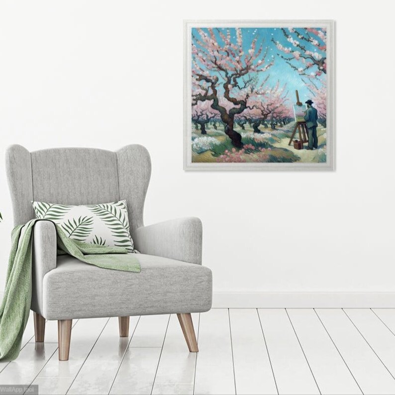 Vincent pinta un huerto de cerezos en flor. Inspiración de la IA de Van Gogh. PNG 3000x3000 píxeles, 300 ppp. Apto para impresión sobre lienzo y enmarcado. imagen 7