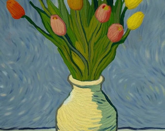 Tulpen in einer Vase. Vincent van Gogh KI-Inspiration. PNG 2325 x 3500 Pixel, 300 ppi. Geeignet zum Drucken auf Leinwand und zum Einrahmen.