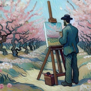 Vincent pinta un huerto de cerezos en flor. Inspiración de la IA de Van Gogh. PNG 3000x3000 píxeles, 300 ppp. Apto para impresión sobre lienzo y enmarcado. imagen 2