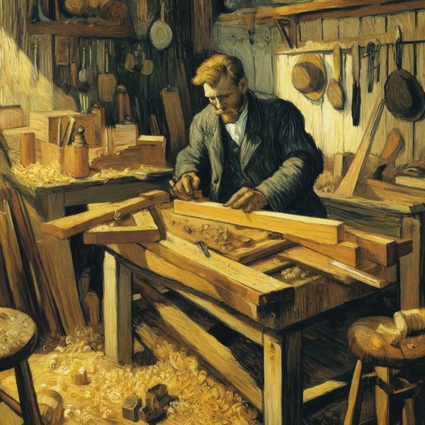 Carpenter. Vincent van Gogh AI Inspiration. PNG picture 3000x3000 px, 72ppi. Suitable for printing on canvas and framing.